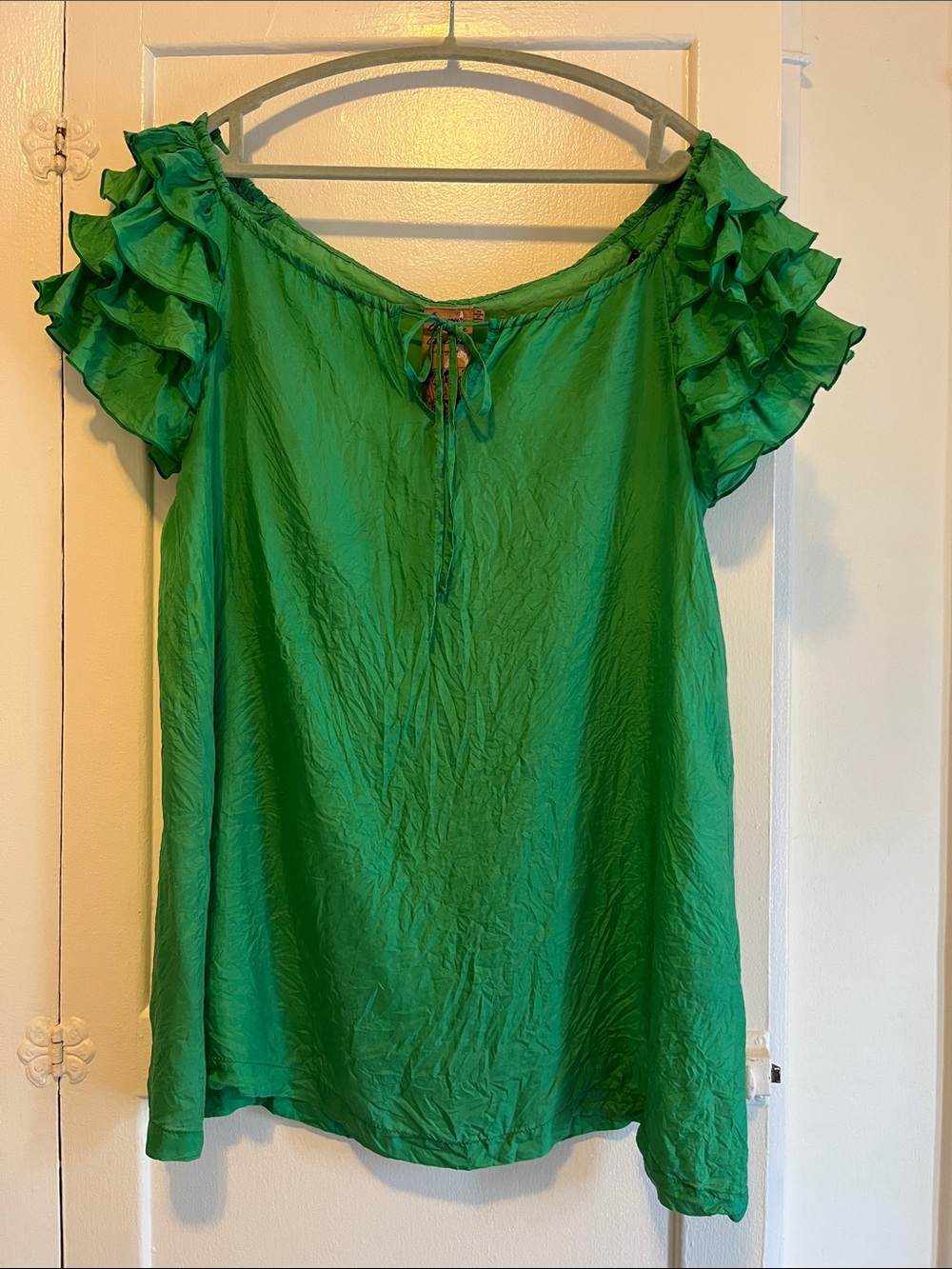 Twelve by Twelve Silk Green Ruffle Sleeve Blouse
